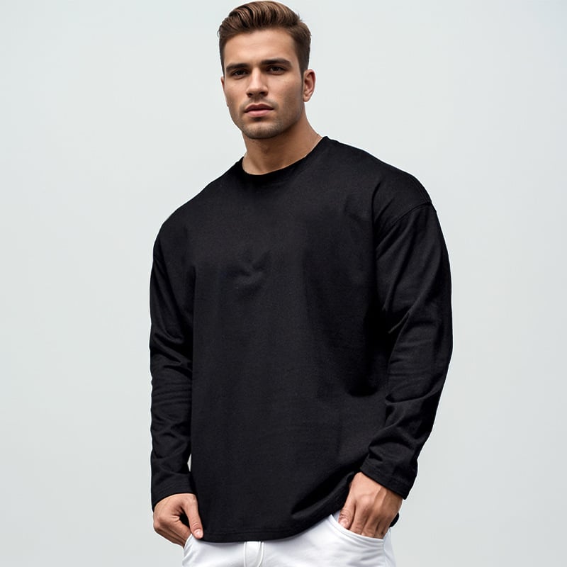 Ανδρική μακρυμάνικη T-shirt από 100% βαμβάκι, φαρδιά εφαρμογή, φθινοπωρινό casual αθλητικό τοπ με στρογγυλό λαιμό