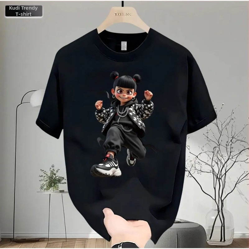 Letné bavlnené tričko s krátkym rukávom a potlačou Nezha, unisex ležérny top