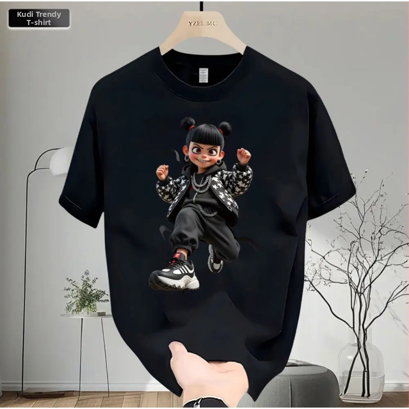 Letné bavlnené tričko s krátkym rukávom a potlačou Nezha, unisex ležérny top