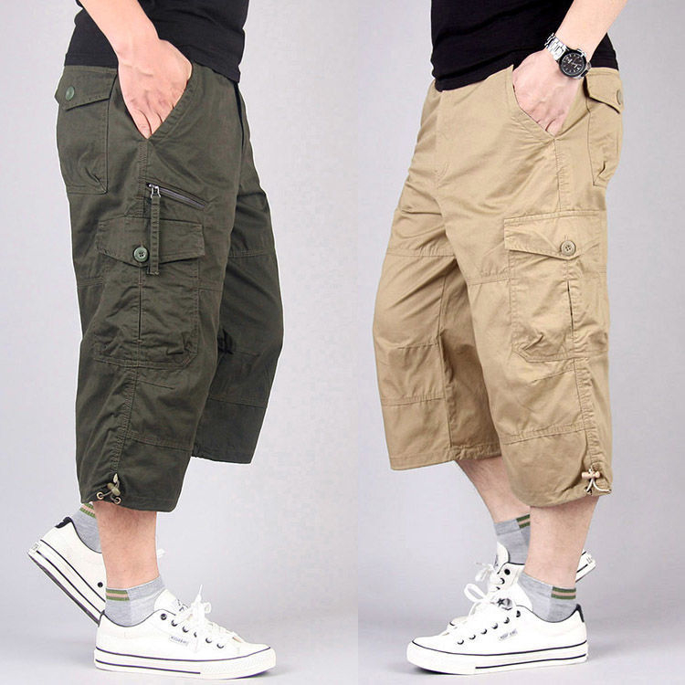 Ανδρικά χαλαρά cargo shorts από ελαφρύ βαμβάκι, μέχρι το γόνατο