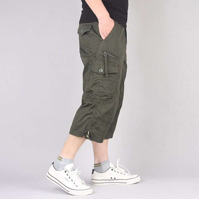 Ανδρικά χαλαρά cargo shorts από ελαφρύ βαμβάκι, μέχρι το γόνατο