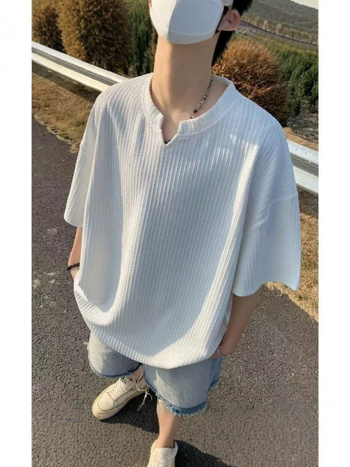 Ανδρικό κοντομάνικο T-shirt από ice-silk με υφή, καλοκαιρινό δροσιστικό streetwear σε αμερικάνικο στυλ, χαλαρή γραμμή, V-λαιμό, αίσθηση πολυτέλειας