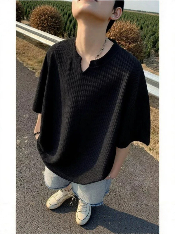 Ανδρικό κοντομάνικο T-shirt από ice-silk με υφή, καλοκαιρινό δροσιστικό streetwear σε αμερικάνικο στυλ, χαλαρή γραμμή, V-λαιμό, αίσθηση πολυτέλειας