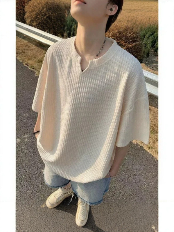 Ανδρικό κοντομάνικο T-shirt από ice-silk με υφή, καλοκαιρινό δροσιστικό streetwear σε αμερικάνικο στυλ, χαλαρή γραμμή, V-λαιμό, αίσθηση πολυτέλειας