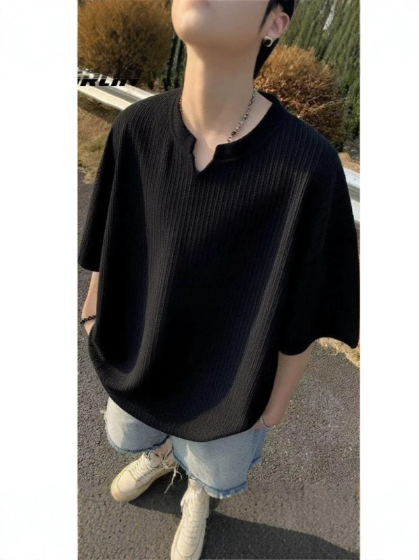 Ανδρικό κοντομάνικο T-shirt από ice-silk με υφή, καλοκαιρινό δροσιστικό streetwear σε αμερικάνικο στυλ, χαλαρή γραμμή, V-λαιμό, αίσθηση πολυτέλειας