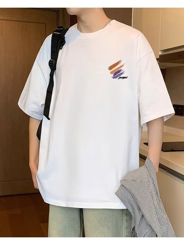 Ανδρικό κοντομάνικο T-shirt από βαμβάκι για το καλοκαίρι, στυλ Χονγκ Κονγκ, άνετη γραμμή, στρογγυλός λαιμός, κοντό μανίκι