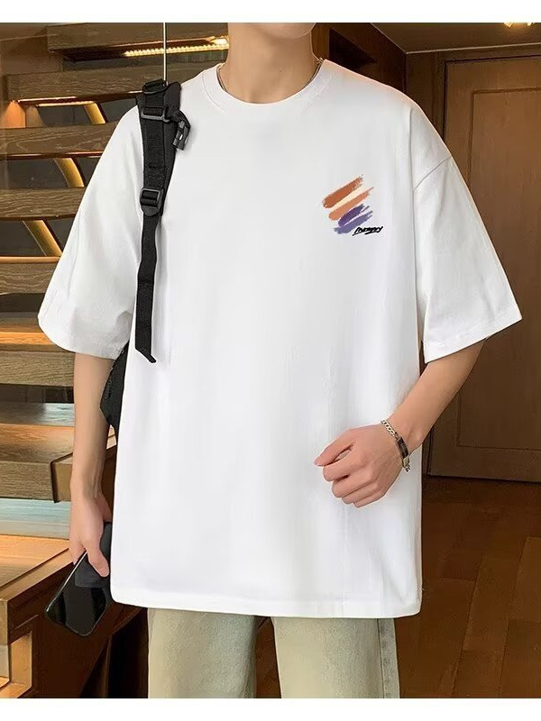 Ανδρικό κοντομάνικο T-shirt από βαμβάκι για το καλοκαίρι, στυλ Χονγκ Κονγκ, άνετη γραμμή, στρογγυλός λαιμός, κοντό μανίκι