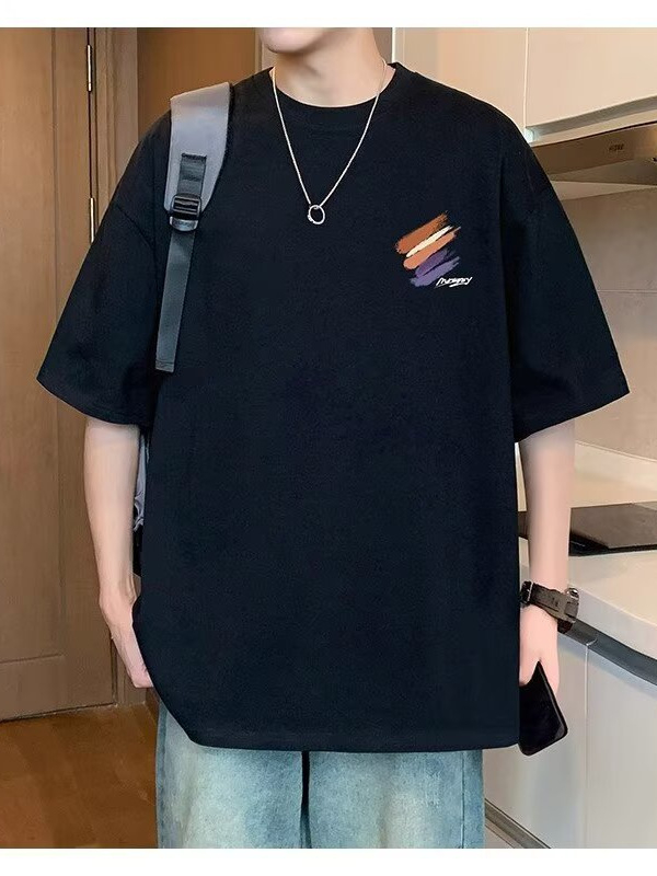 Ανδρικό κοντομάνικο T-shirt από βαμβάκι για το καλοκαίρι, στυλ Χονγκ Κονγκ, άνετη γραμμή, στρογγυλός λαιμός, κοντό μανίκι