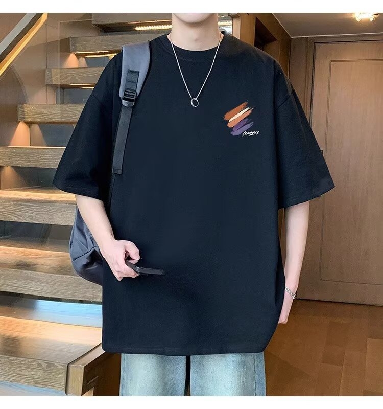 Ανδρικό κοντομάνικο T-shirt από βαμβάκι για το καλοκαίρι, στυλ Χονγκ Κονγκ, άνετη γραμμή, στρογγυλός λαιμός, κοντό μανίκι