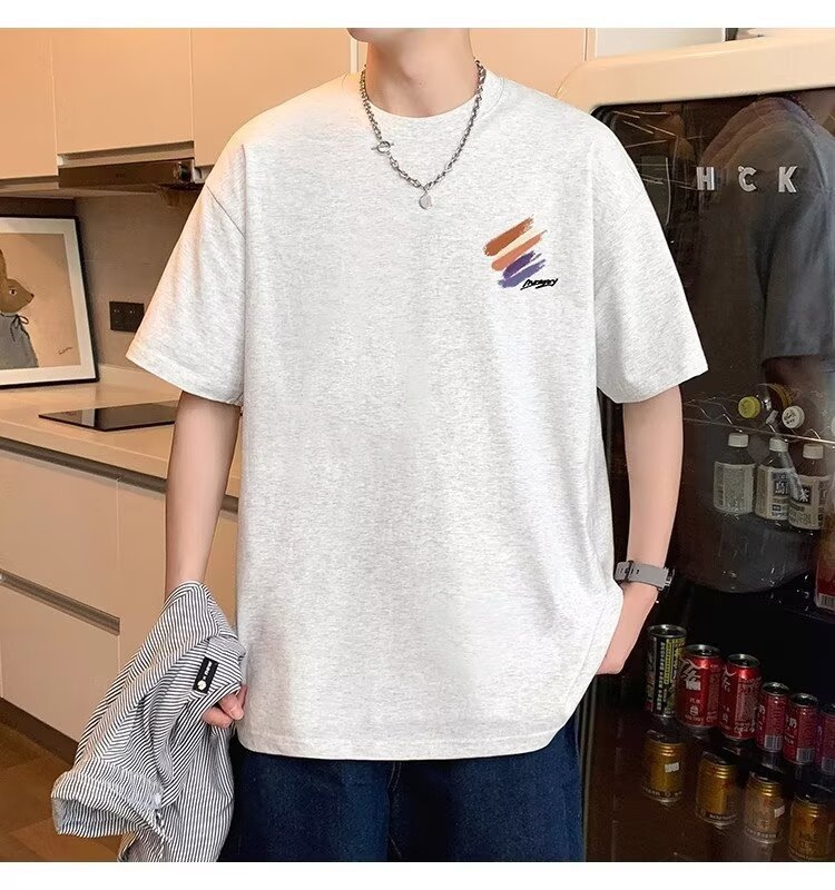 Ανδρικό κοντομάνικο T-shirt από βαμβάκι για το καλοκαίρι, στυλ Χονγκ Κονγκ, άνετη γραμμή, στρογγυλός λαιμός, κοντό μανίκι