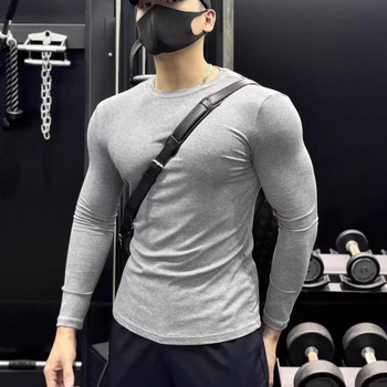 Ανδρικό T‑shirt με μυϊκό στενό κόψιμο, μακριά μανίκια, στρογγυλή λαιμόκοψη, αθλητικό ένδυμα για τρέξιμο και γυμναστική, ελαστικό