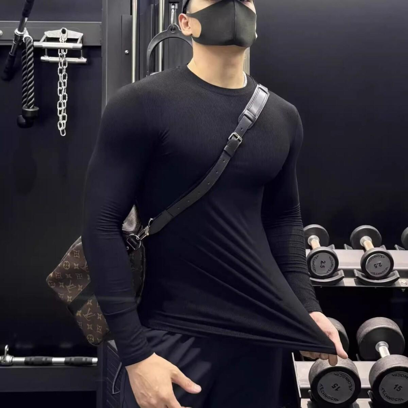 Ανδρικό T‑shirt με μυϊκό στενό κόψιμο, μακριά μανίκια, στρογγυλή λαιμόκοψη, αθλητικό ένδυμα για τρέξιμο και γυμναστική, ελαστικό