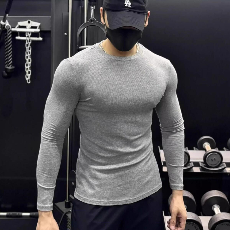 Ανδρικό T‑shirt με μυϊκό στενό κόψιμο, μακριά μανίκια, στρογγυλή λαιμόκοψη, αθλητικό ένδυμα για τρέξιμο και γυμναστική, ελαστικό