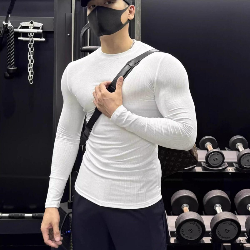 Ανδρικό T‑shirt με μυϊκό στενό κόψιμο, μακριά μανίκια, στρογγυλή λαιμόκοψη, αθλητικό ένδυμα για τρέξιμο και γυμναστική, ελαστικό
