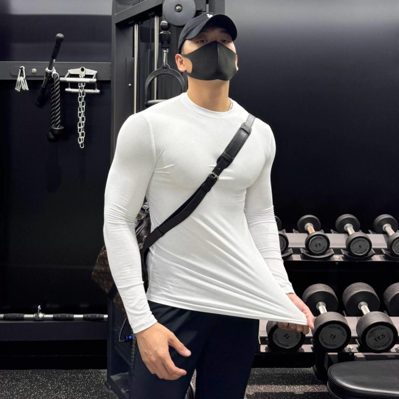 Ανδρικό T‑shirt με μυϊκό στενό κόψιμο, μακριά μανίκια, στρογγυλή λαιμόκοψη, αθλητικό ένδυμα για τρέξιμο και γυμναστική, ελαστικό