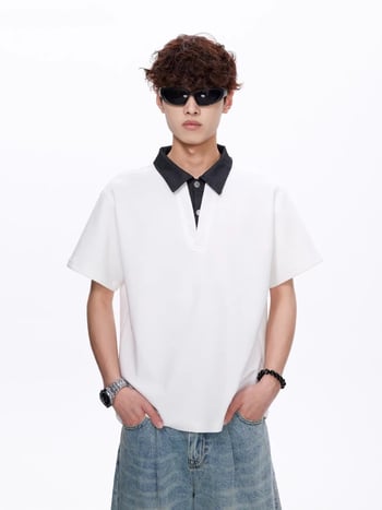 Ανδρικό πόλο με εφέ ψεύτικων δύο μερών, κοντά μανίκια, καλοκαίρι, υψηλής ποιότητας γιακάς που θυμίζει πουκάμισο, καθαρή εφαρμογή.