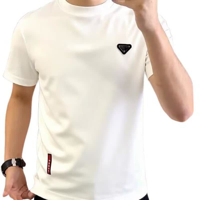 Ανδρική T‑shirt με ημιυψηλό γιακά, κοντομάνικη, καθημερινό καλοκαιρινό στυλ με εμβληματικό τρίγωνο λογότυπο