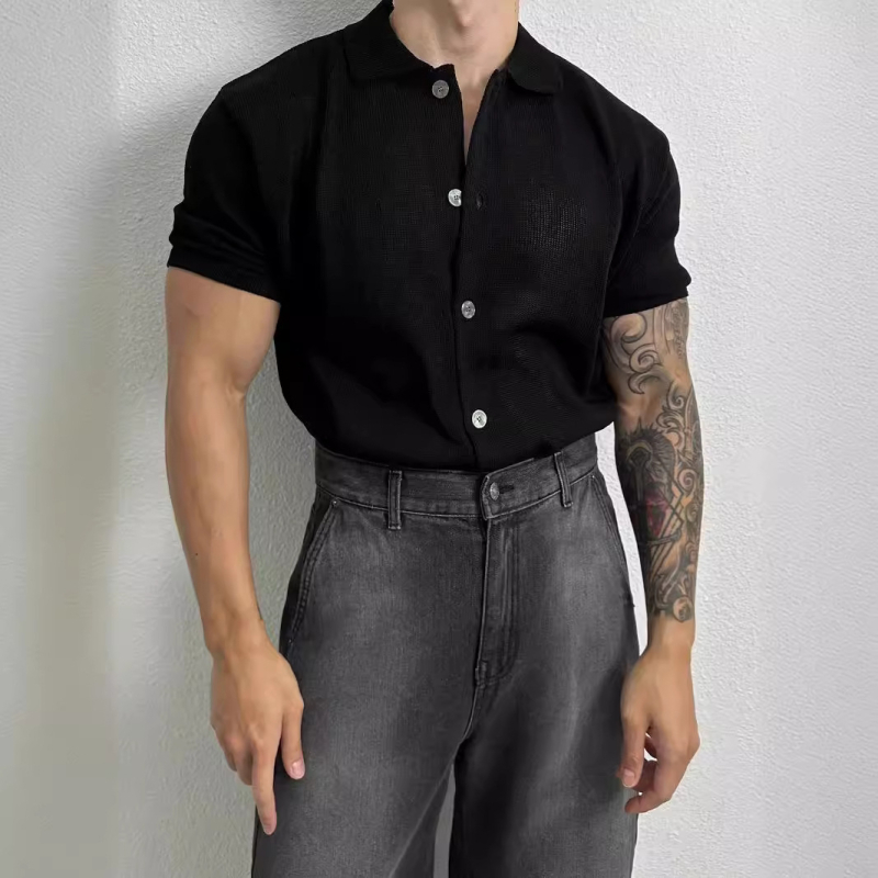 Ανδρικό πόλο κοντών μανικιών σε κορεατικό στυλ, πλεκτό ύφασμα, άνετη γραμμή, μονόχρωμο, καλοκαίρι 2024