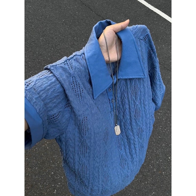Ανδρική πλεκτή κοντομάνικη polo μπλούζα, με αναπνεύσιμο διάτρητο σχέδιο, καλοκαιρινό casual τοπ με αίσθηση υψηλής ποιότητας.