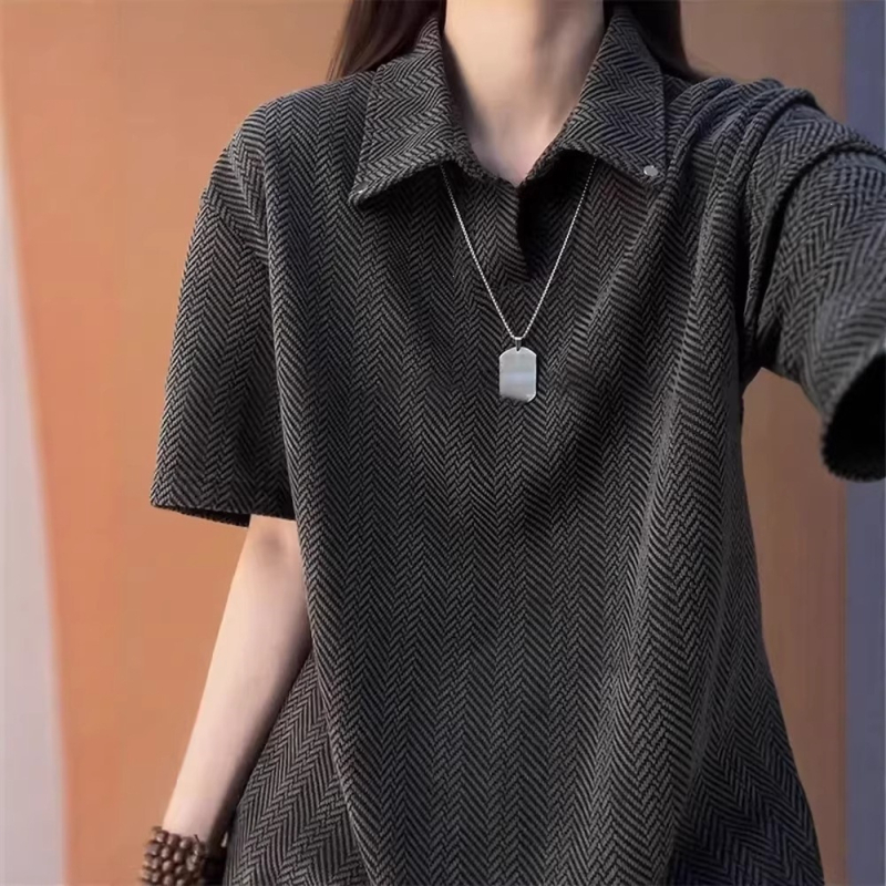 Γκρι πόλο από twill με ίσιων ώμων, κοντά μανίκια, καλοκαίρι, καθαρή γραμμή, γιακά πόλο