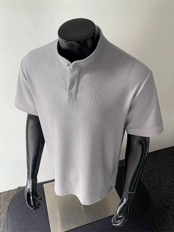 Cleanfit 2026 καλοκαίρι ανδρικό πόλο με λαιμό Henley, κοντό μανίκι, μονόχρωμο, ιαπωνικού στυλ