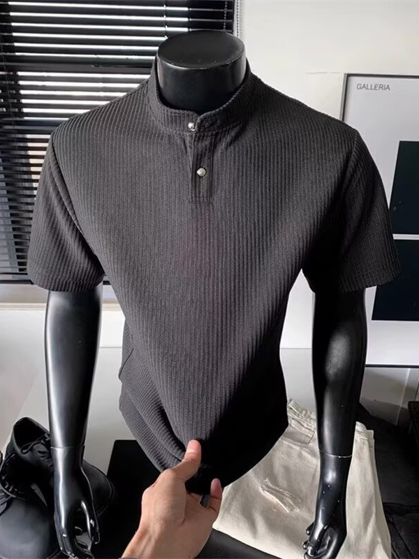 Cleanfit 2026 καλοκαίρι ανδρικό πόλο με λαιμό Henley, κοντό μανίκι, μονόχρωμο, ιαπωνικού στυλ