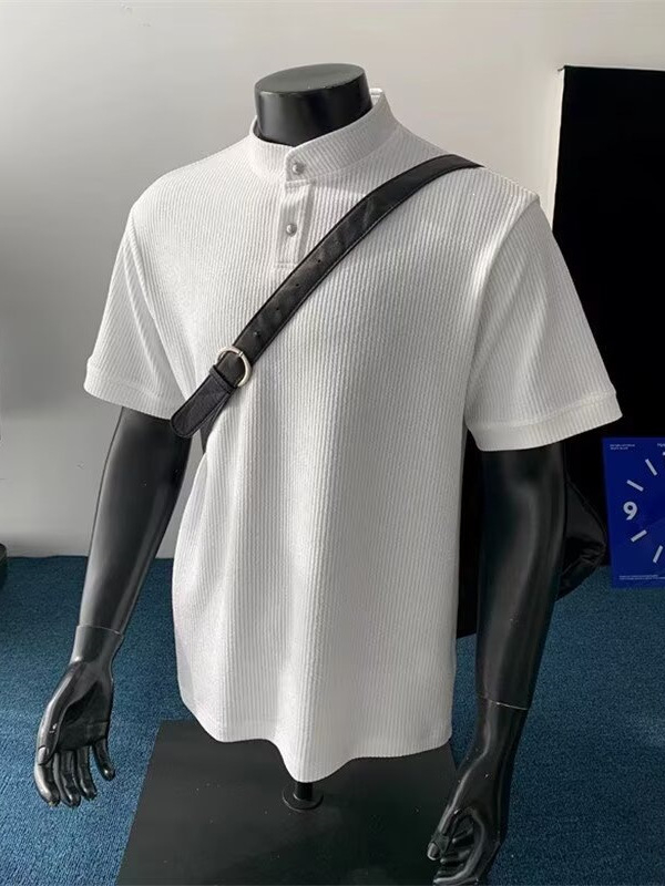 Cleanfit 2026 καλοκαίρι ανδρικό πόλο με λαιμό Henley, κοντό μανίκι, μονόχρωμο, ιαπωνικού στυλ