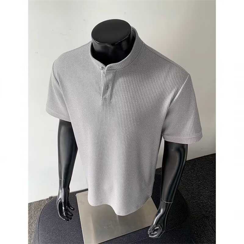 Cleanfit 2026 καλοκαίρι ανδρικό πόλο με λαιμό Henley, κοντό μανίκι, μονόχρωμο, ιαπωνικού στυλ