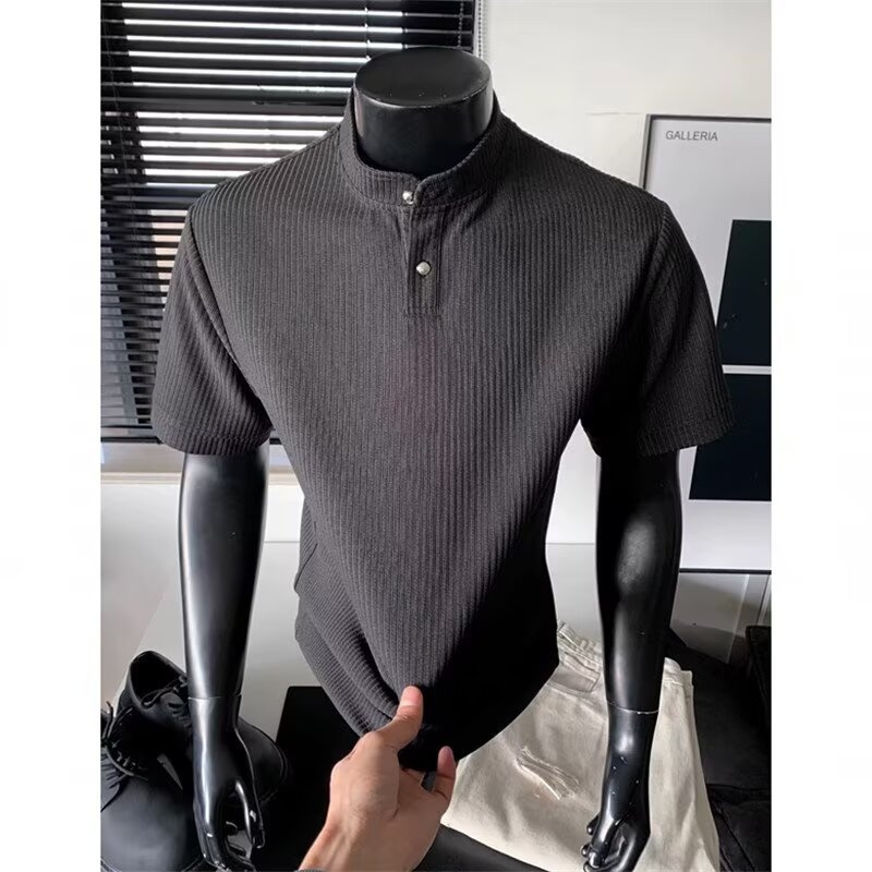 Cleanfit 2026 καλοκαίρι ανδρικό πόλο με λαιμό Henley, κοντό μανίκι, μονόχρωμο, ιαπωνικού στυλ
