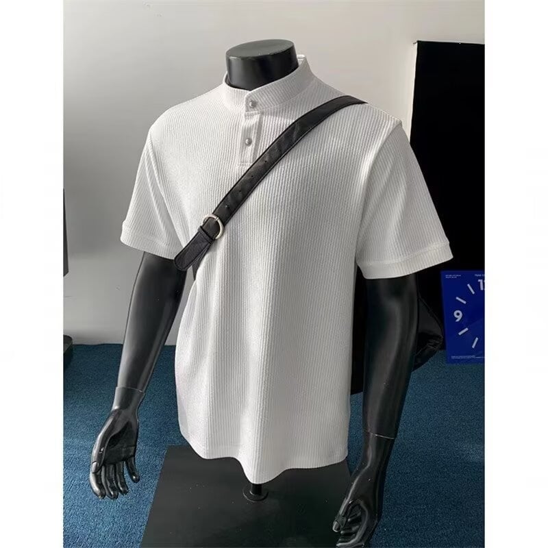 Cleanfit 2026 καλοκαίρι ανδρικό πόλο με λαιμό Henley, κοντό μανίκι, μονόχρωμο, ιαπωνικού στυλ