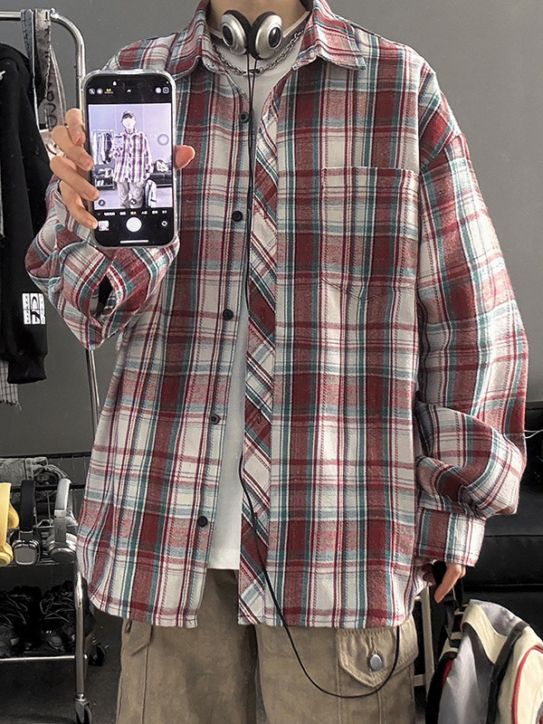 Ανδρικό βαρύ καρό πουκάμισο, 2025 νέα μόδα, street style, φαρδιά γραμμή, μακρυμάνικο πουκάμισο-ζακέτα