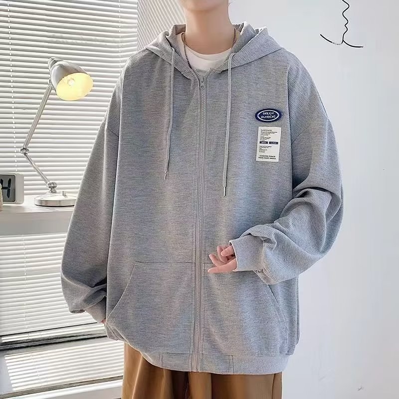 Ανδρικό cardigan με κουκούλα σε waffle-knit, φαριά γραμμή, ιαπωνικού στυλ, για άνοιξη και φθινόπωρο, τσέπες καγκουρού