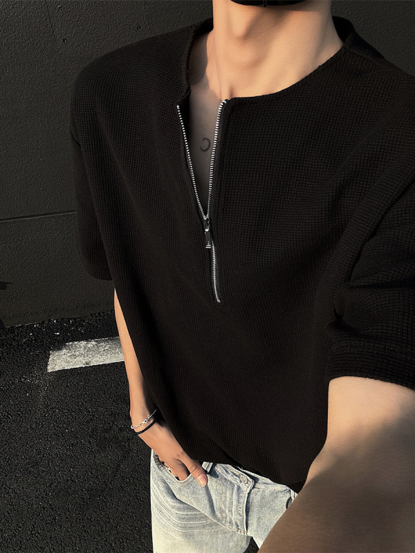 Ανδρικό T-shirt με υφή βάφλ και μισό φερμουάρ, Henley, κοντομάνικο, καλοκαιρινό στυλ