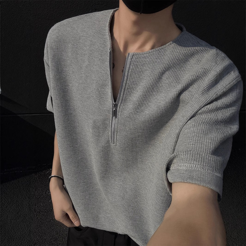Ανδρικό T-shirt με υφή βάφλ και μισό φερμουάρ, Henley, κοντομάνικο, καλοκαιρινό στυλ