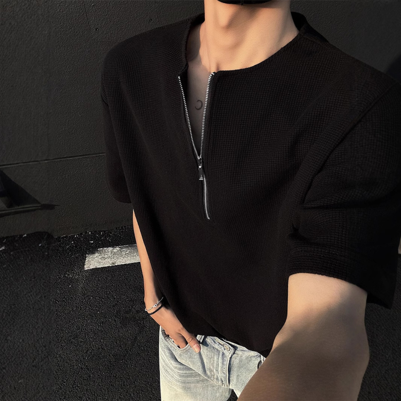 Ανδρικό T-shirt με υφή βάφλ και μισό φερμουάρ, Henley, κοντομάνικο, καλοκαιρινό στυλ