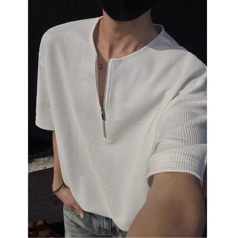 Ανδρικό T-shirt με υφή βάφλ και μισό φερμουάρ, Henley, κοντομάνικο, καλοκαιρινό στυλ
