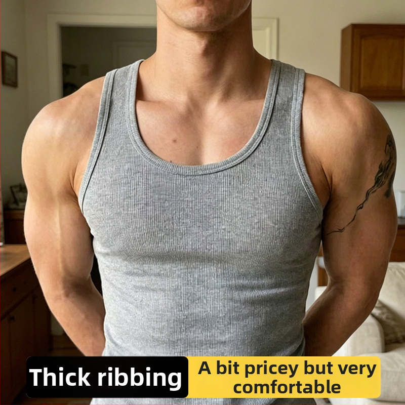 Pánske tielko zo 100 % bavlny, hrubý rebrovaný úplet 2x2, americký štýl, ťažká gramáž, úzky strih na letné fitness