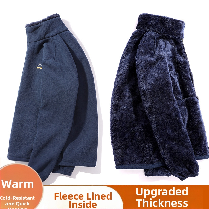 Jesenná a zimná pánska polar fleecová bunda s flísovou podšívkou, zahrubnutým materiálom, stojačikom, zipsom vpredu, dlhými rukávmi, jednofarebná, voľný strih