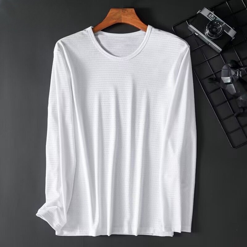 Yuelang Ανδρική Καλοκαιρινή Λεπτή Δίκτυωτή Ice-Silk Μακρυμάνικη T‑Shirt, Χαλαρή Γραμμή, Διαπνέουσα, Μονόχρωμη, Γρήγορο Στέγνωμα Πολυεστέρας