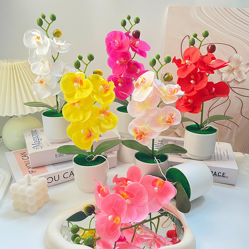 Σκανδιναβικό στυλ: 5 τεχνητές ορχιδέες Phalaenopsis σε γλάστρα, διακόσμηση σπιτιού για σαλόνι και υπνοδωμάτιο, μικρό μπονσάι με πράσινο φυτό