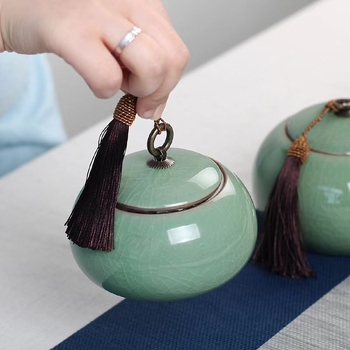 Longquan celadon kerámia teásüveg, zárható, jégrepedéses mázzal, teáknak és gyógynövényeknek