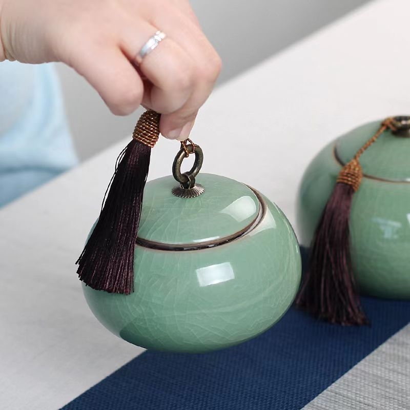 Longquan celadon kerámia teásüveg, zárható, jégrepedéses mázzal, teáknak és gyógynövényeknek