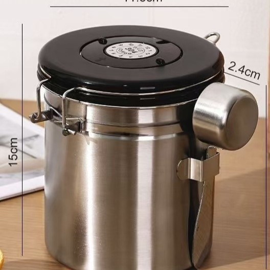 Recipient din oțel inoxidabil pentru cafea, sigilat, cu ventilație unidirecțională pentru boabe și cafea măcinată