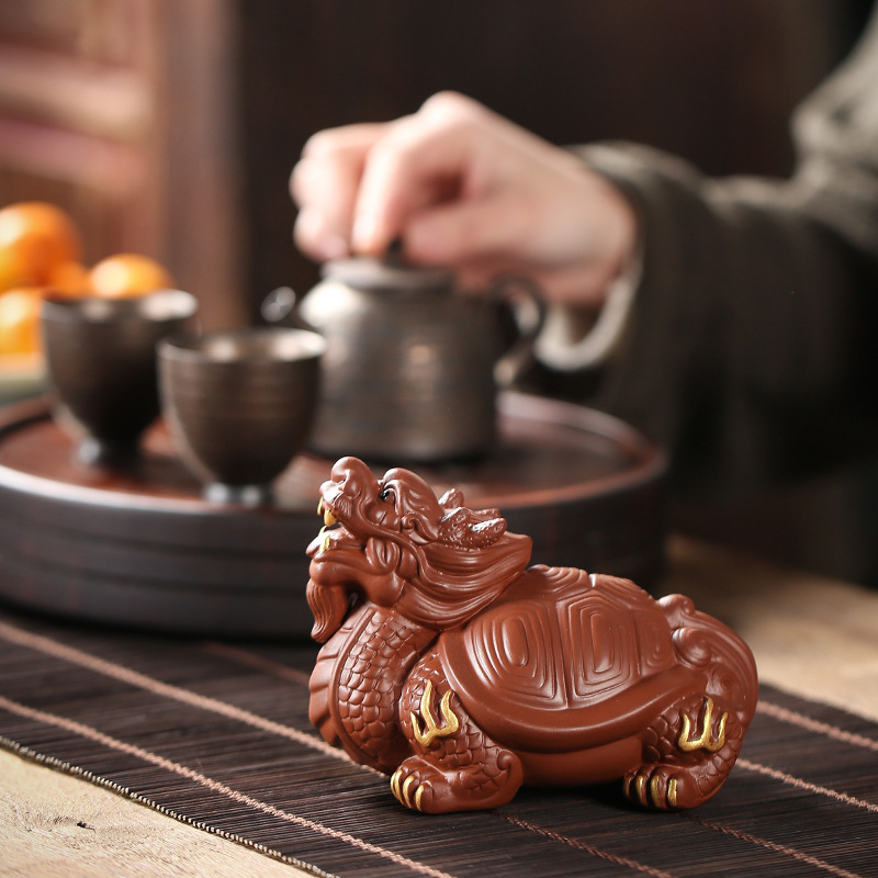 Yuxuan Tea Pet από Purple-Sand με χρυσό Pixiu, χειροποίητος δράκος-χελώνα, αξεσουάρ τελετής τσαγιού