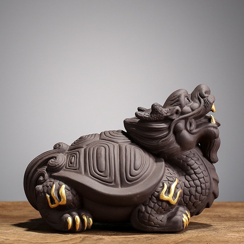 Yuxuan Tea Pet από Purple-Sand με χρυσό Pixiu, χειροποίητος δράκος-χελώνα, αξεσουάρ τελετής τσαγιού