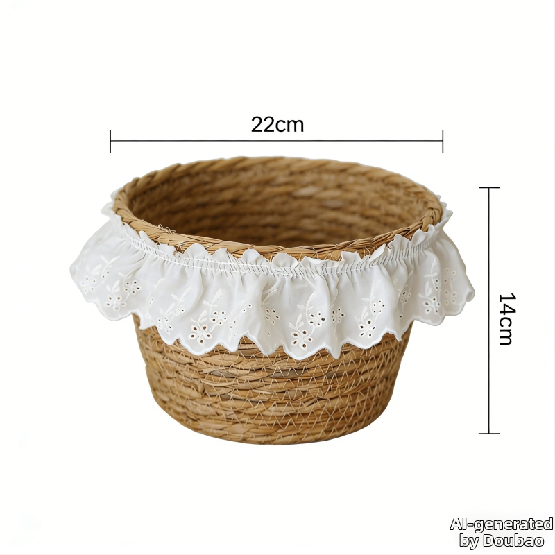 Francúzsky retro minimalistický úložný košík zo slamy s čipkovaným lemom na kozmetiku a rôzne predmety na stôl