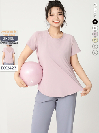 Γυναικεία αθλητική μπλούζα σε μεγέθη Plus Size για καλοκαίρι, στρογγυλός λαιμός, αναπνέουσα, γρήγορο στέγνωμα, εφαρμοστή γραμμή, για τρέξιμο και γιόγκα, κοντό μανίκι
