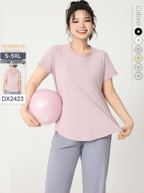 Γυναικεία αθλητική μπλούζα σε μεγέθη Plus Size για καλοκαίρι, στρογγυλός λαιμός, αναπνέουσα, γρήγορο στέγνωμα, εφαρμοστή γραμμή, για τρέξιμο και γιόγκα, κοντό μανίκι
