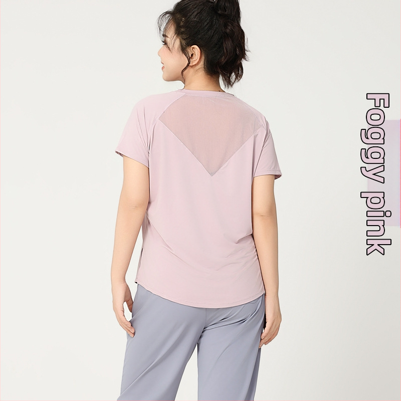 Γυναικεία αθλητική μπλούζα σε μεγέθη Plus Size για καλοκαίρι, στρογγυλός λαιμός, αναπνέουσα, γρήγορο στέγνωμα, εφαρμοστή γραμμή, για τρέξιμο και γιόγκα, κοντό μανίκι