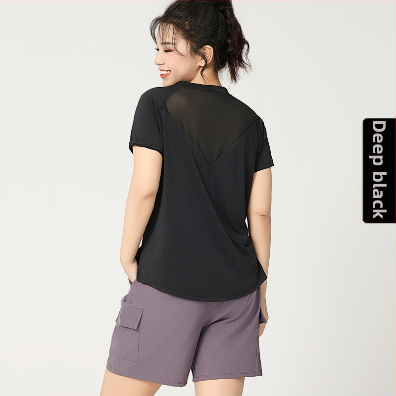 Γυναικεία αθλητική μπλούζα σε μεγέθη Plus Size για καλοκαίρι, στρογγυλός λαιμός, αναπνέουσα, γρήγορο στέγνωμα, εφαρμοστή γραμμή, για τρέξιμο και γιόγκα, κοντό μανίκι